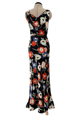Beautiful 1930s Bias Cut Heavy Silk Satin Floral Print Dress w Scalloped Edged Jacket