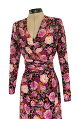Pristine 1970s Jean-Louis Scherrer Haute Couture Pink Floral Print Silk Dress w Banded Waist