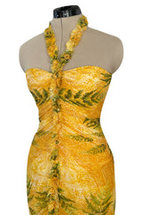 Spring 2004 Oscar de la Renta Runway Yellow Silk Chiffon Ruffled Dress w Fern & Floral Print