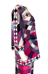 Iconic 1960s Emilio Pucci Pink Print Velvet Pant & Tunic/Dress Set