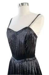 Late 1970s Oleg Cassini Extensively Beaded & Panelled Skirt Black Silk Chiffon Dress