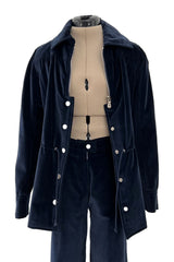 Numbered 1970s Andre Courreges Deep Blue Velvet Zip Jacket & Wide Legged Pant Set