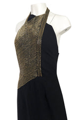 Fall 1973 Karl Lagerfeld for Chloe Black Silk Dress w Gold Beaded Bodice