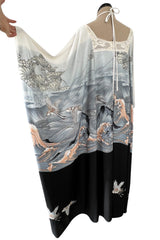 Spectacular 1970s Jean Varon Crane Print Jersey Caftan Dress w Hand Crocheted Collar