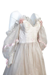 1980s Emanuel Custom Fairy Tale Embroidered & Ribboned Silk Organza Dress