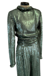 Amazing 1979 John Anthony Couture Sea Green Jumpsuit Completely Covered in Sequins
