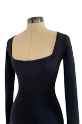Early 1990s Azzedine Alaia Black Knit Couture Dress w Beaded Hem & Hand Placed Mirrors