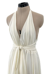 Faboulous 1970s Halston Ivory Jersey Dress W Plunged Front Full Skirt & Tie Waist
