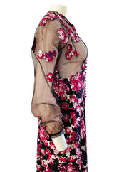 1930s Bright Pink Floral Hand Applique on Silk Dress w Net Sleeves