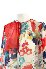 1970s Hanae Mori Silk Chiffon Jacket w Huge Bright Floral and Parrot Print