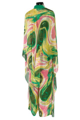 More Recent Unlabeled Vintage Flowing Silk Chiffon Jumpsuit in Pinks & Greens