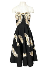 1950s Heavy Cotton / Canvas Strapless Dress w Hand Applied Cord Applique