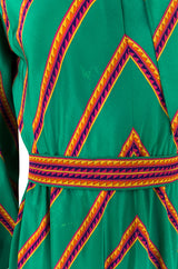 1970s Pauline Trigere Green Striped Silk Dress w Unusual Sleeves