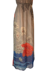 1970s Hanae Mori Sunrise & Large Floral Print Silk Chiffon Halter Dress