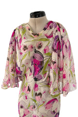 Spectacular 1930s Pink Tulip Printed Bias Cut Silk Chiffon Floral Print Dress w Caped Back