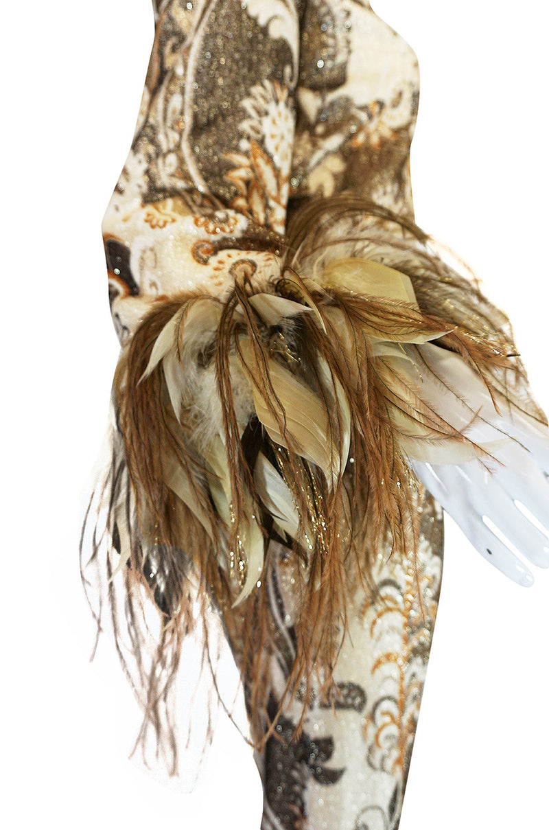 1970s Bill Blass Metallic Gold Lurex Knit & Feather Cuffed Dress