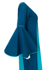 1960s Josefa Hand Embroidered Ocean Blue & Turquoise Bell Sleeve Caftan