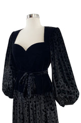 Fall 1986 Yves Saint Laurent Runway Black Patterned Velvet Dress w Sweetheart Neckline