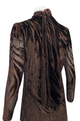 1970s Pauline Trigere Fused Velvet & Chocolate Silk Chiffon Dress w Attached Tie at Neck