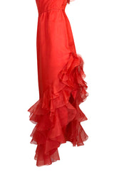 1980s Bellville Sassoon Ruffled Red Chiffon One Shoulder Dress