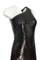 Fall 1974 Bill Blass One Shoulder Glossy Black Sequin Dress with Fringe Hem