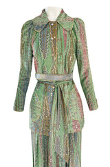 Rare 1973 Bill Gibb Museum Documented Metallic Green Lurex Skirt Top and Jacket Set
