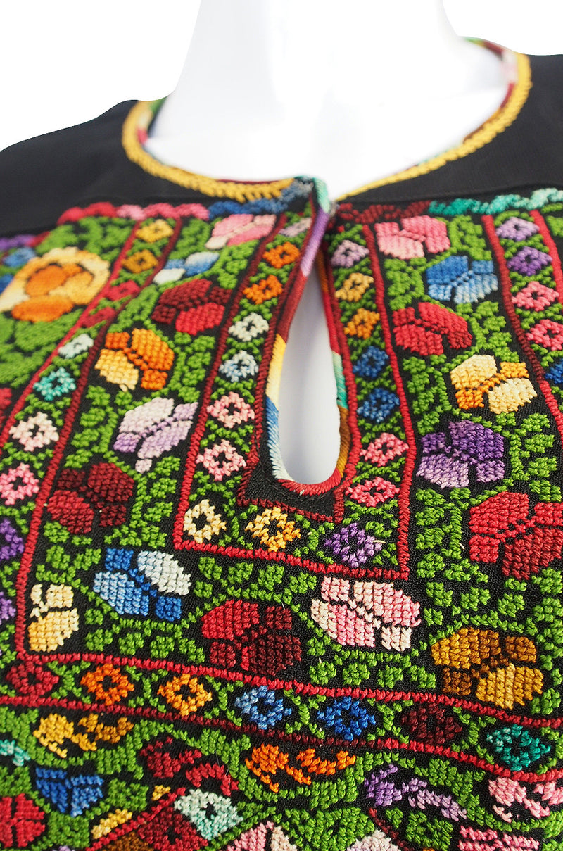 1960s Bright Thread Hand Embroidered Black Caftan