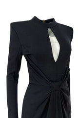 2010s Balmain Black Jersey Dress w Strong Shoulders, Front Knot & Keyhole