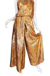 1960s Gold Beaded & Silk Brocade Organza Jumpsuit