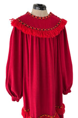 Runway Fall 1977 Yves Saint Laurent Red Wool Smock Dress w Fringe Yarn Detail