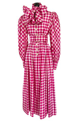 Spectacular Early 1960s Norman Norell Pink Gingham Silk Taffeta Dress w Bow & Pouf Sleeves