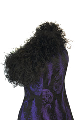 c.1988 Patrick Kelly Purple Brocade One Shoulder Feather Trim Dress