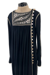 1970s Bill Gibb Museum Held Black Liquid Jersey Dress w MOP Buttons & Extensive Beading