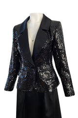 Documented Fall 1992 Yves Saint Laurent Black Sequin 'Le Smoking' Jacket & Silk Maxi Skirt Set