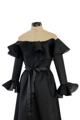 Gorgeous 1972 Nina Ricci Black Silk Gazaar Off Shoulder Dress W Ruffled Finishes
