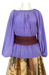Fall 1977 Bill Blass Printed Silk Taffeta Skirt & Off Shoulder Purple Silk Top Dress Set