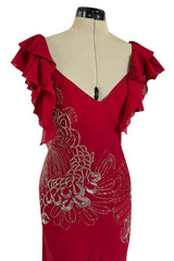 Incredible 2000s John Galliano Deep Red Bias Cut Dress w Silver Bead Detailing