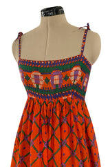 Numbered 1970s Lanvin Couture Fine & Light Silk Crepe Chiffon Printed Orange Sun Dress