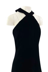 1970s Christian Dior Demi-Couture Numbered Sample Dress in Inky Black Velvet w Bow