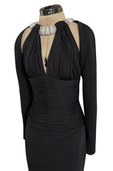 Fabulous 1980s Vicky Tiel Cut Outs Black Jersey Dress w Jewelled Pearl & Rhinestone Collar