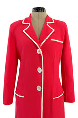 1980s Valentino Textured Wool Long Cut Jacket & Skirt Set in a Vivid Coral w Cream Trim