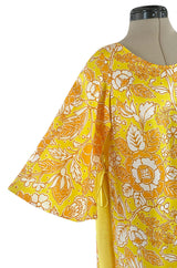 1960s Unusual Wrapped & Tie Printed Yellow Jumpsuit w Full Length Caped Back