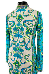 Gorgeous 1970s Mr. Dino Elaborate Print Mini Shift Dress in Turquoise & Yellows
