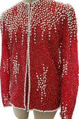 Prettiest 1980s Victoria Royal Faux Pearl & Silver Tube Bead Red Jacket