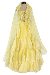 Spring 1977 Jean Louis Scherrer Haute Couture Strapless Floral Sequin Silk Dress w Matching Silk Cape