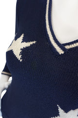 1970s Deep Navy Blue & White Star Print Adolfo Knit Dress