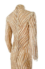 1980s Bob Mackie Ivory Sequin & Nude Stretch Net High Slit Dress