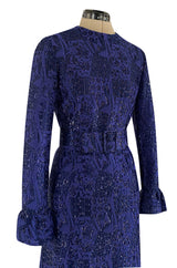 Extraordinary 1971 Givenchy Azure Blue Woven Silk & Metallic Thread Dress w Ruffled Cuffs & Hem