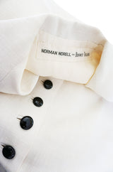 1960s White Linen Black Button Norman Norell Dress
