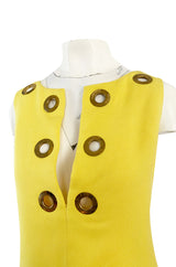 1960s Pierre Cardin Couture Bright Sunny Yellow Tunic & Hot Pant w Open Metal Grommets